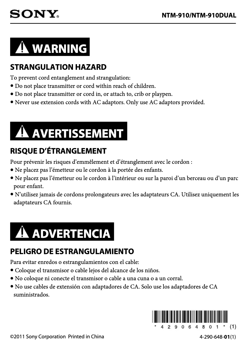 Page 1 de la notice Instructions de sécurité Sony NTM-910DUAL
