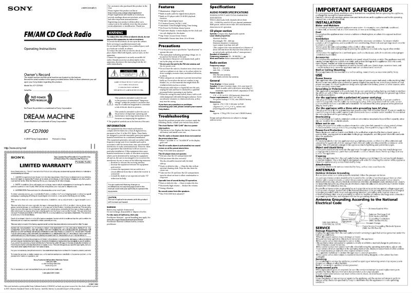 Page 1 de la notice Manuel utilisateur Sony Dream Machine ICF-CD7000
