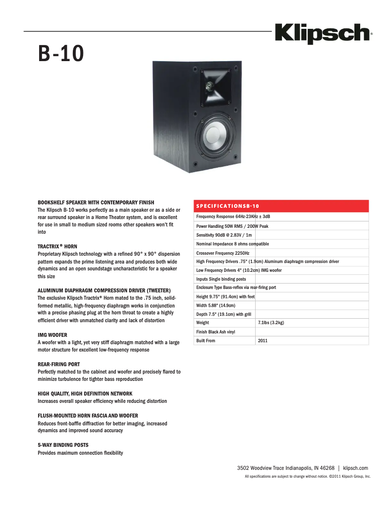 Page n°1 - Fiche technique Klipsch B-10