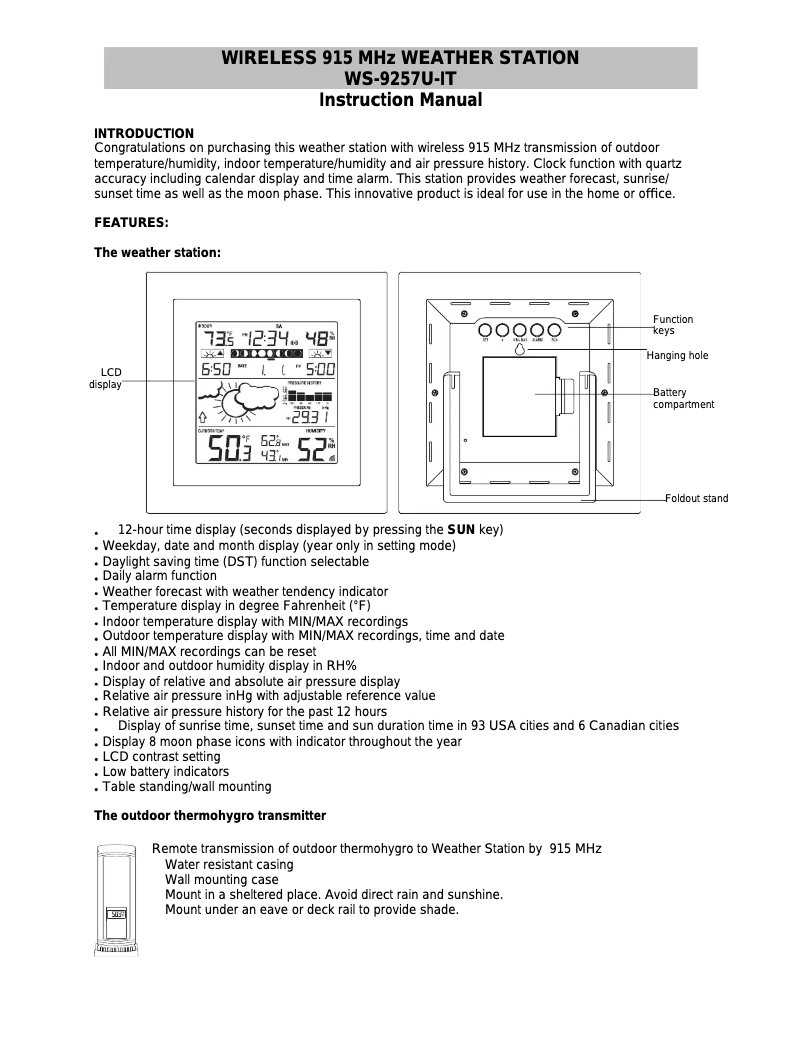 Page n°1 - Manuel utilisateur La Crosse Technology WS-9257U-IT