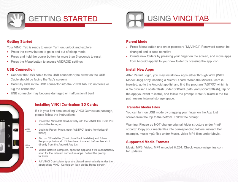 Page n°1 - Manuel utilisateur VINCI Tab II