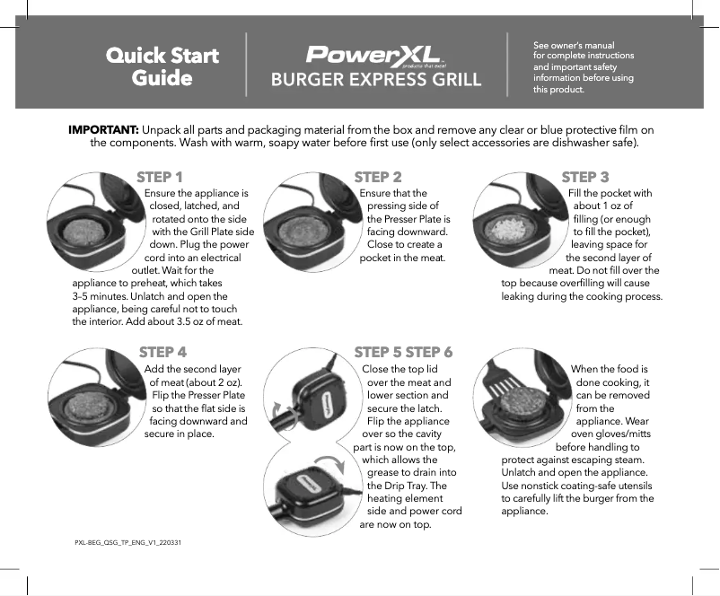 Page n°1 - Guide de démarrage rapide PowerXL Burger Express Grill HRG 1105