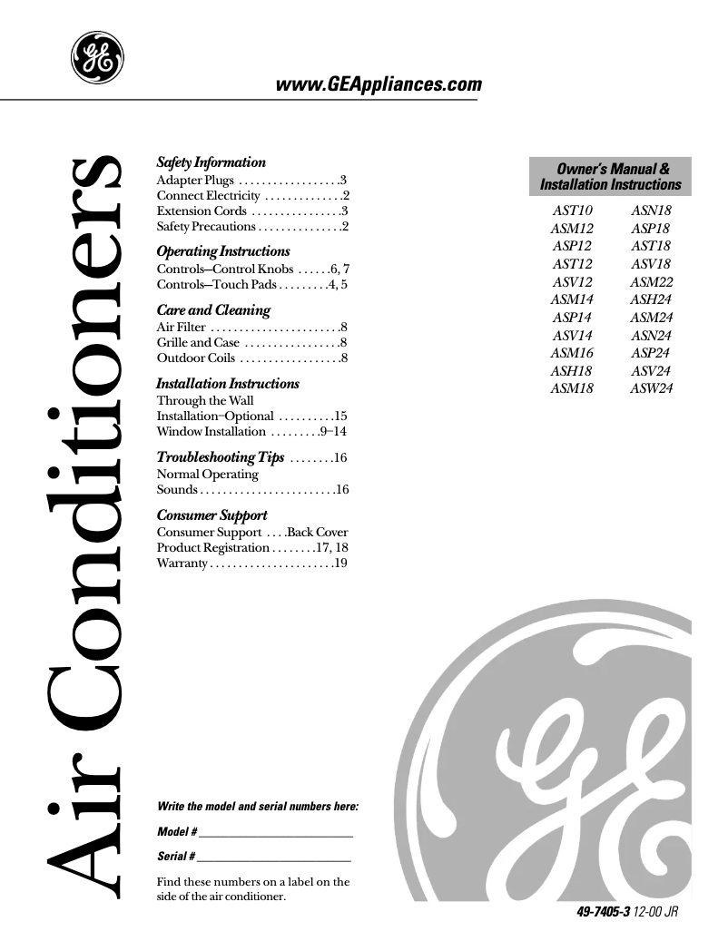 Página 1 del manual Manual de uso y mantenimiento GE ASH18DE