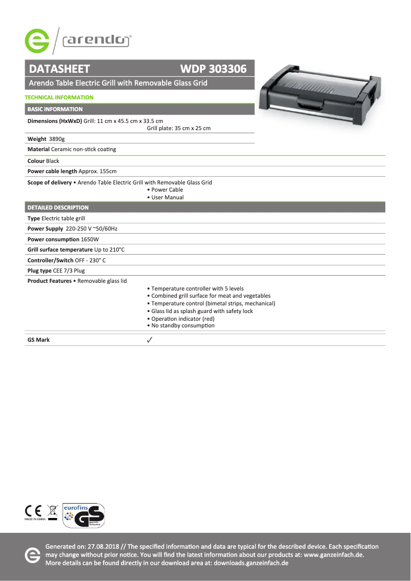 Página 1 del manual Ficha técnica Arendo 303306