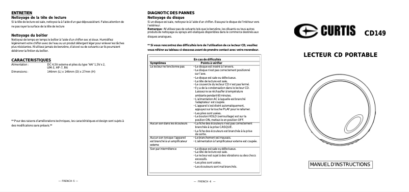 Page 1 de la notice Manuel utilisateur Curtis CD149