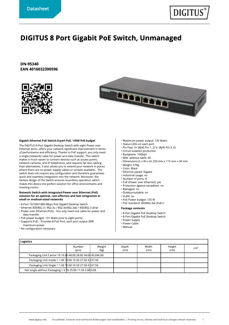 Page 1 de la notice Fiche technique Digitus DN-95340