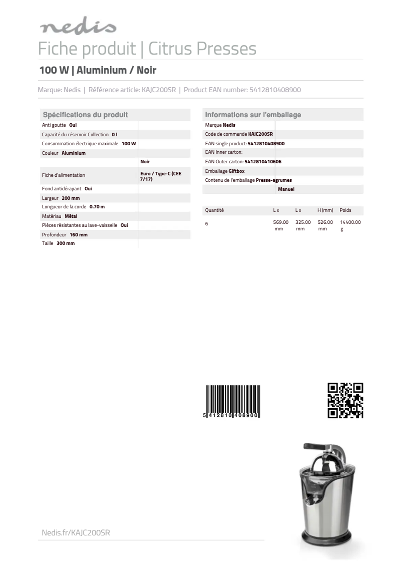 Page 1 de la notice Manuel utilisateur Nedis KAJC200SR