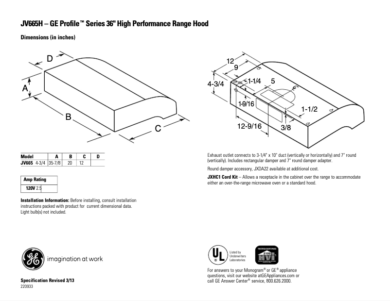 Page n°1 - Fiche technique GE JV665HWW