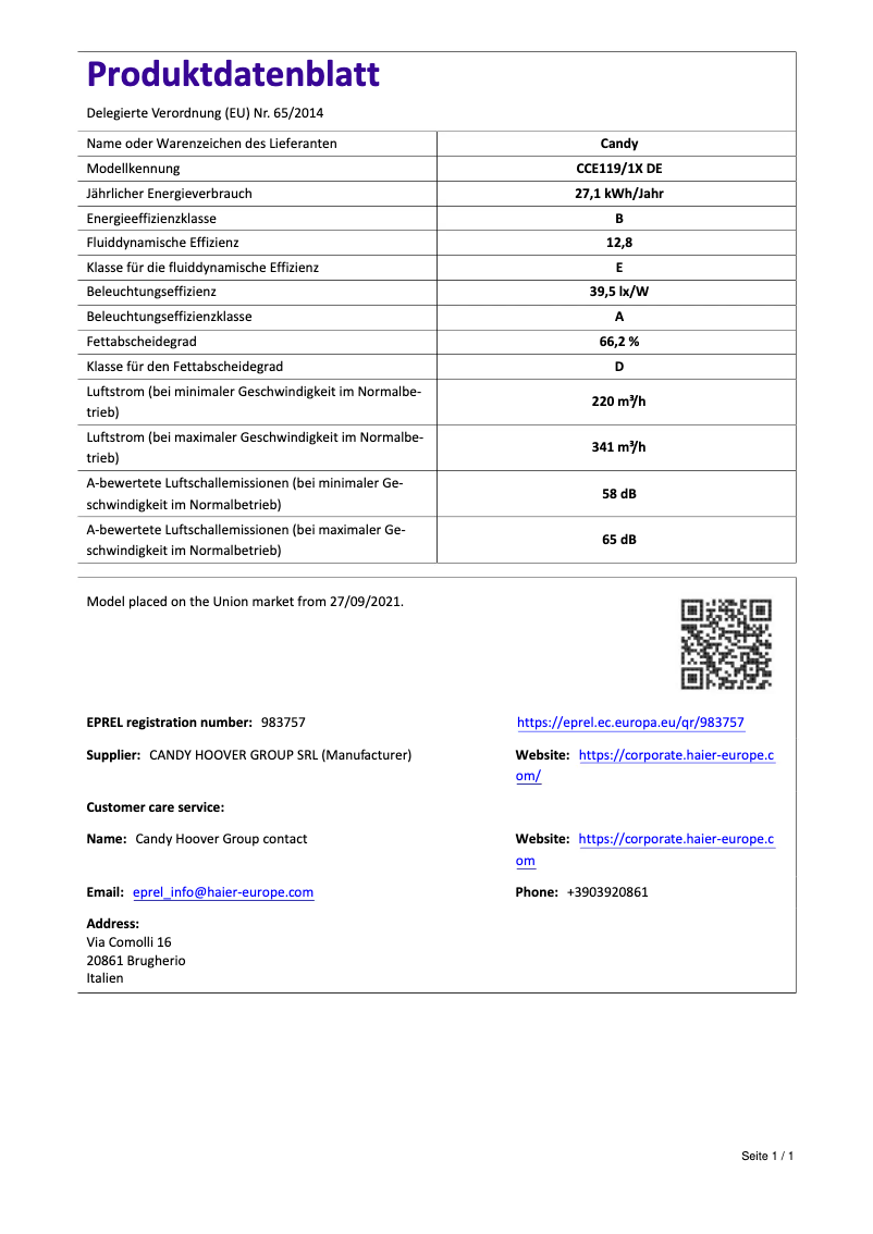 Page 1 de la notice Fiche technique Candy CCE119/1X DE