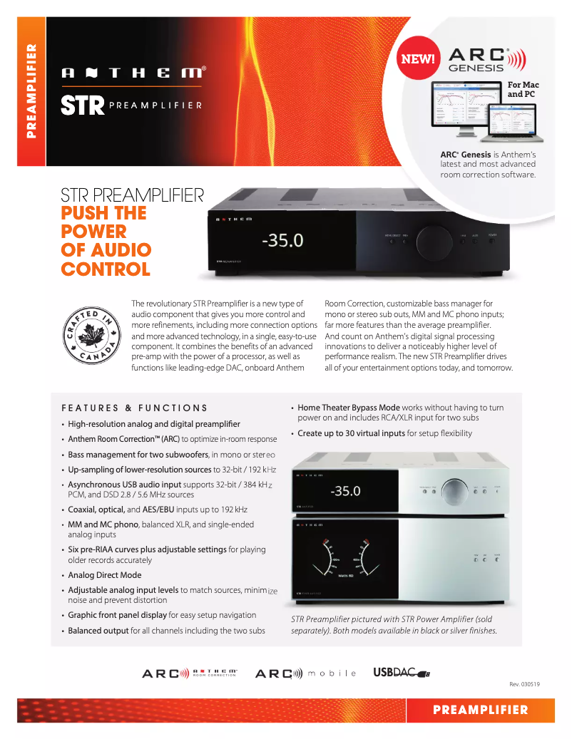Page 1 de la notice Fiche technique Anthem STR Preamplifier