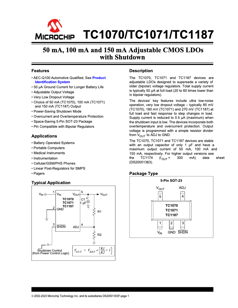 Page 1 de la notice Fiche technique Microchip TC1071