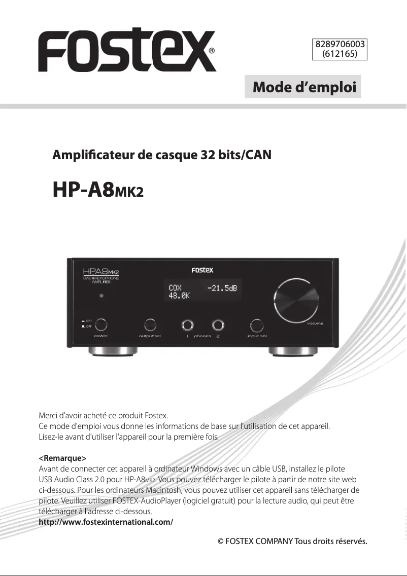 Page n°1 - Manuel utilisateur Fostex HP-A8mk2