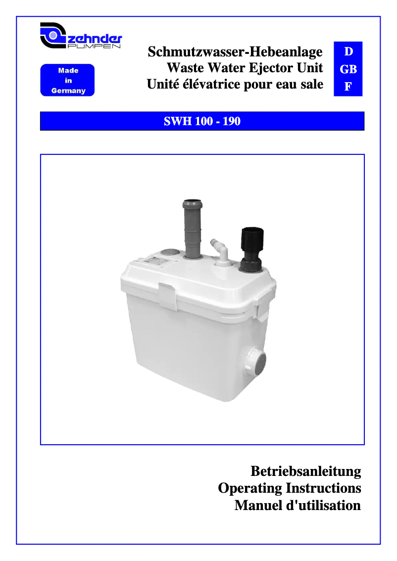 Page 1 de la notice Manuel utilisateur Zehnder Pumpen SWH 100