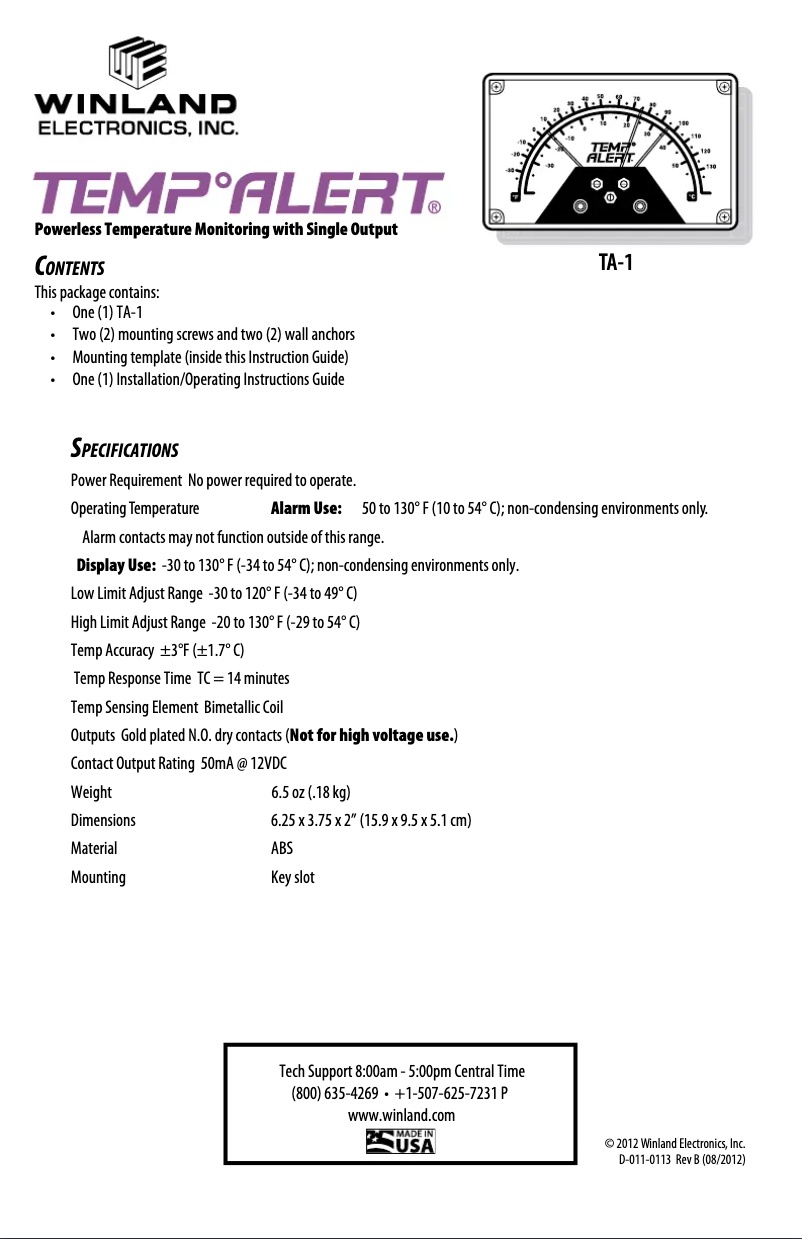 Page 1 de la notice Manuel utilisateur Winland Temp Alert TA-1
