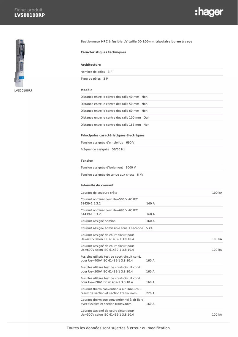 Page 1 de la notice Fiche technique Hager LVS00100RP