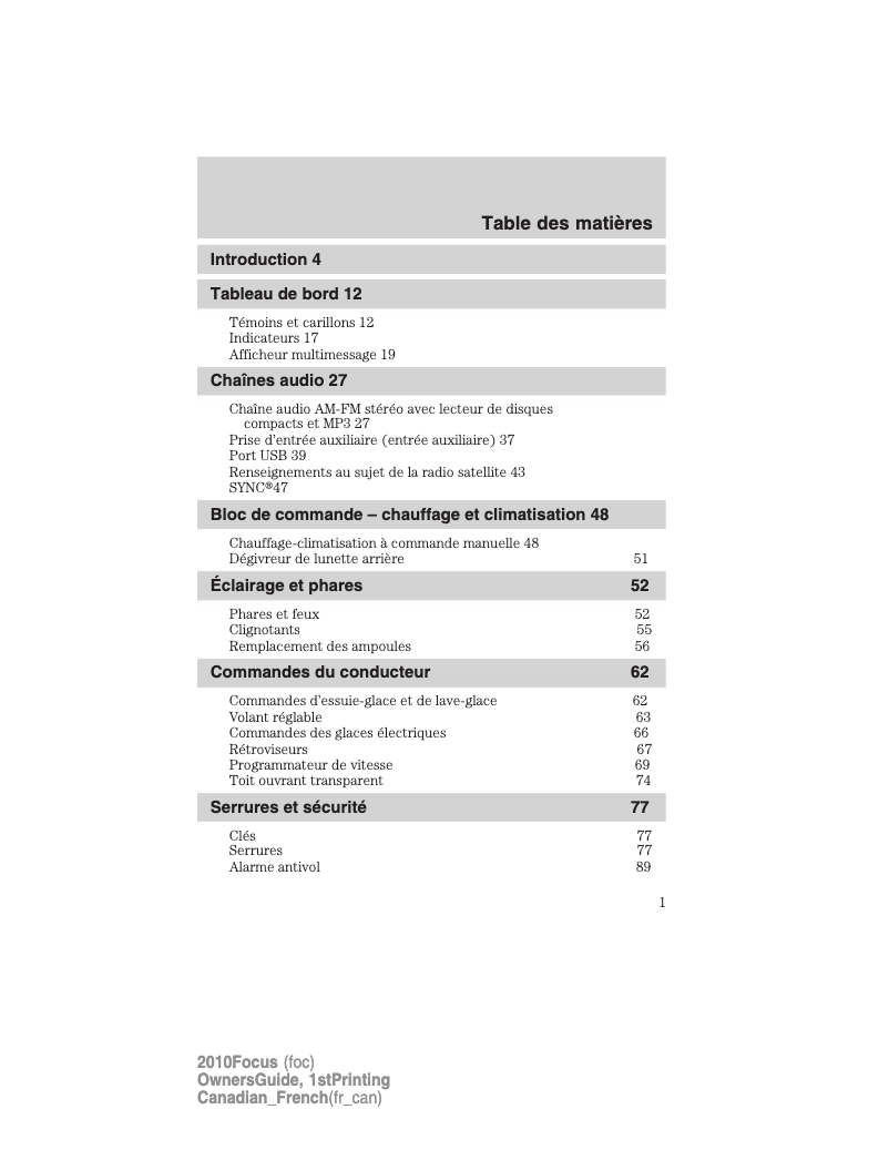 Page 1 de la notice Manuel utilisateur Ford Focus (2010)