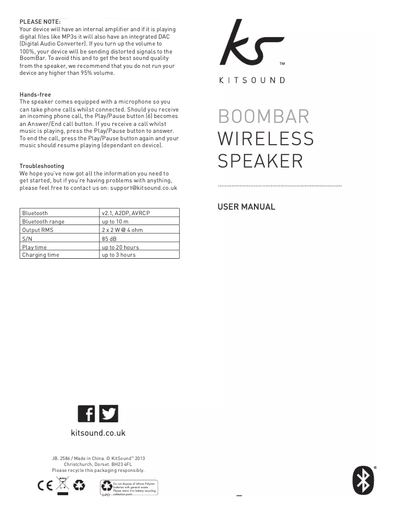 Page 1 de la notice Manuel utilisateur KitSound BoomBar