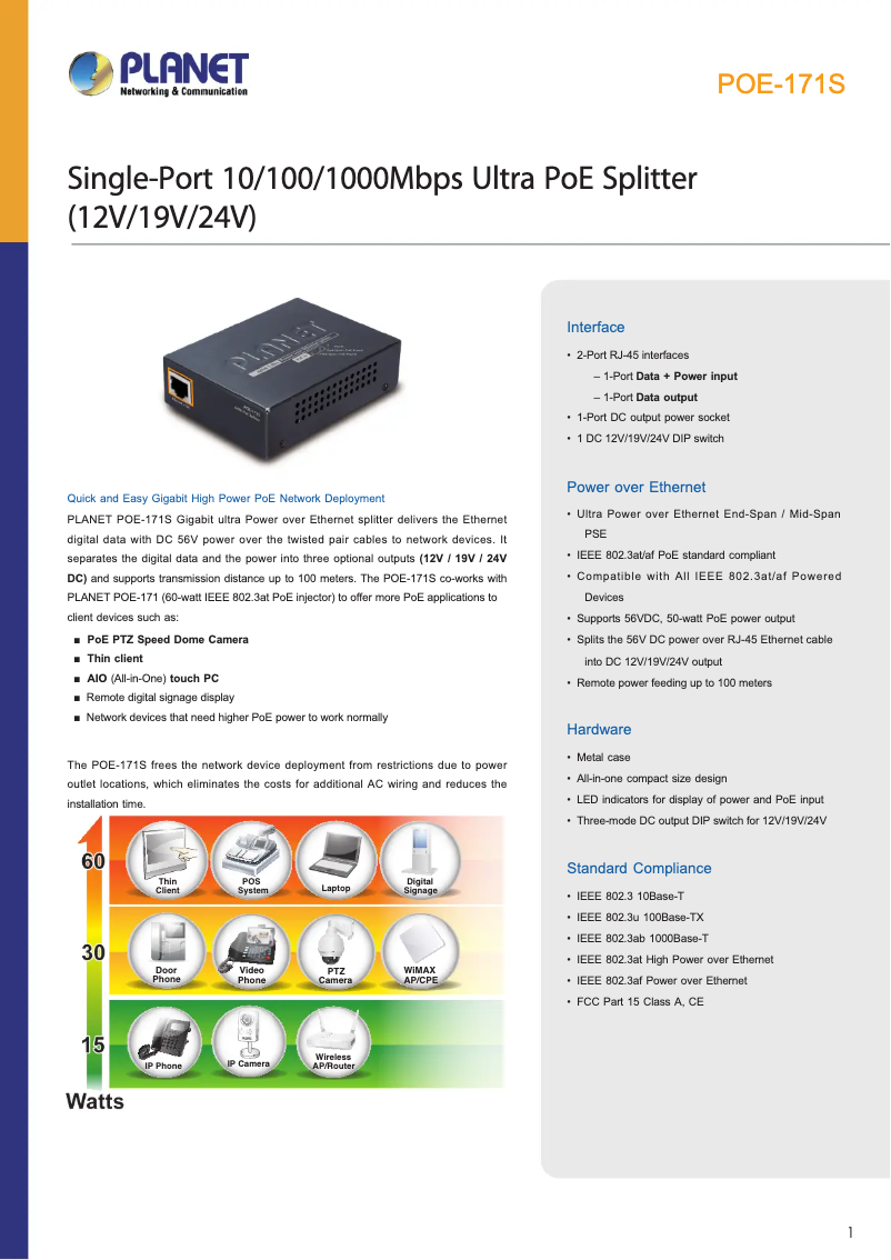 Page n°1 - Fiche technique Planet POE-171S