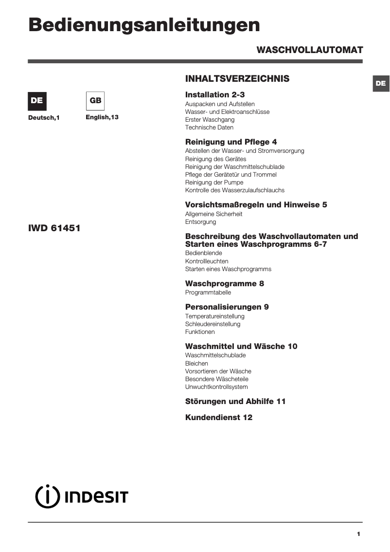 Page n°1 - Manuel utilisateur Indesit IWD 61451 DE.T