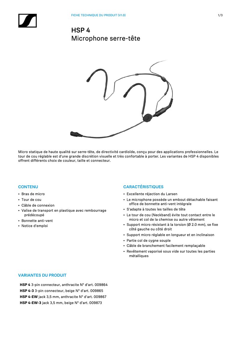 Page n°1 - Fiche technique Sennheiser HSP 4