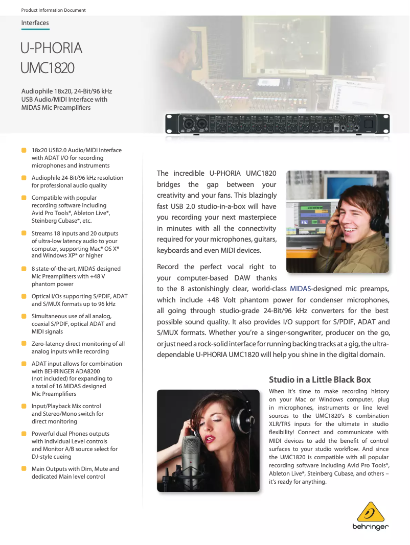 Page 1 de la notice Fiche technique Behringer U-PHORIA UMC1820