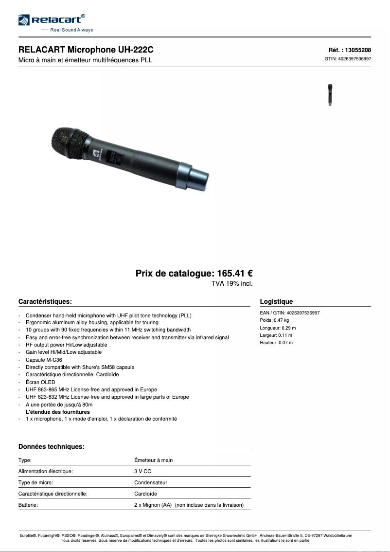 Page 1 de la notice Fiche technique Relacart UH-222C