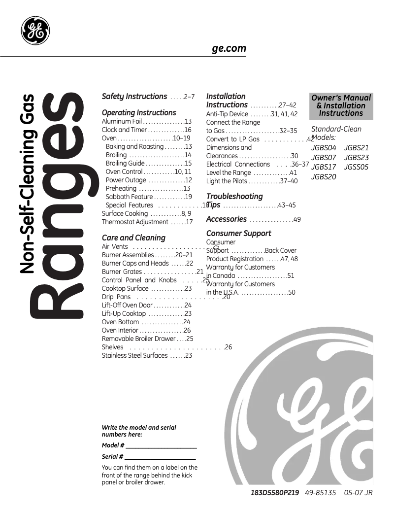 Page n°1 - Guide d'installation GE JGBS17PEHCT