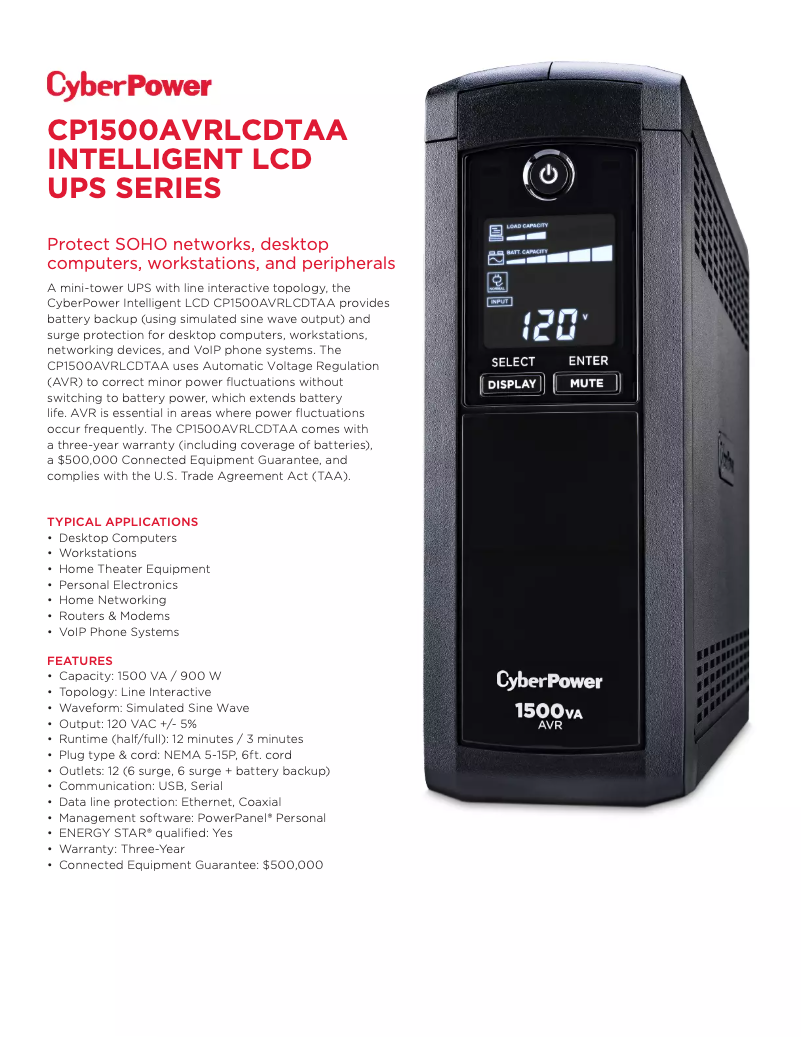 Image de la première page du manuel de l'appareil CP1500AVRLCDTAA