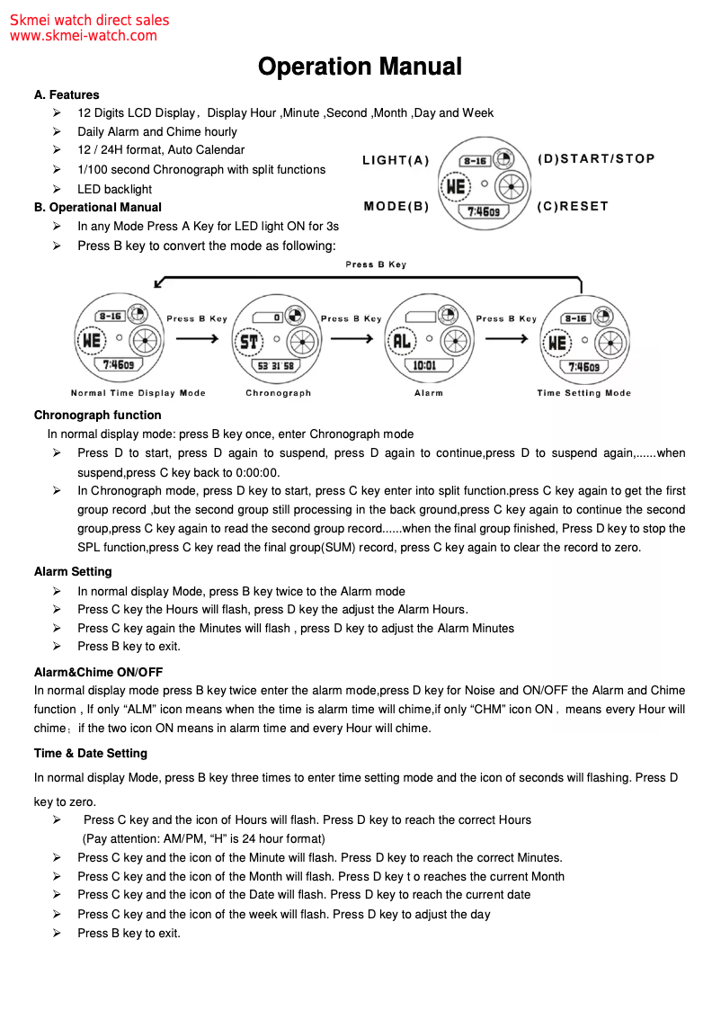 Page 1 de la notice Manuel utilisateur Skmei 1060