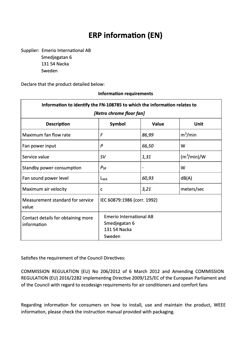 Page 1 de la notice Fiche technique Emerio FN-108785