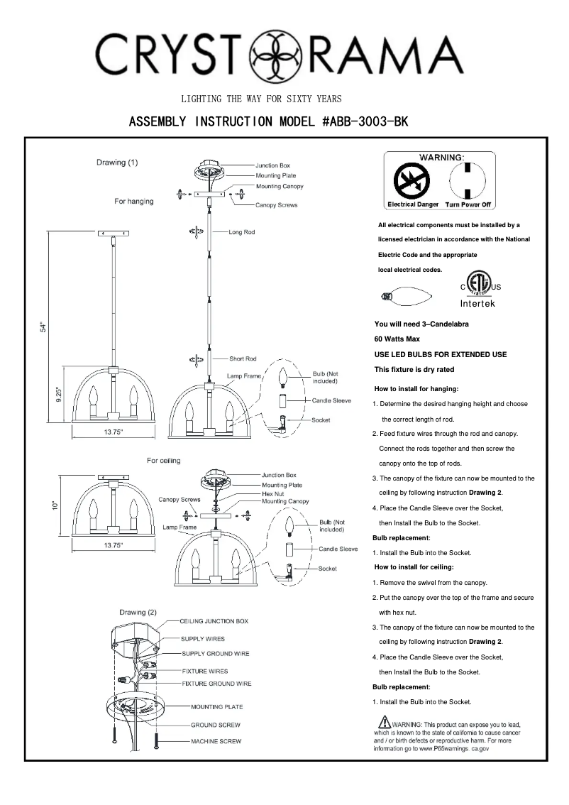 Page n°1 - Manuel utilisateur Crystorama Abbott ABB-3003-BK