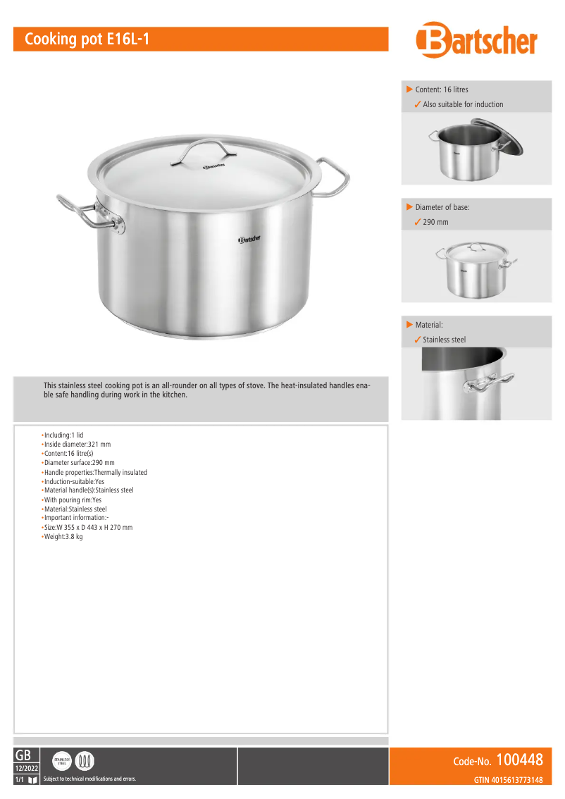 Page n°1 - Fiche technique Bartscher E16L-1