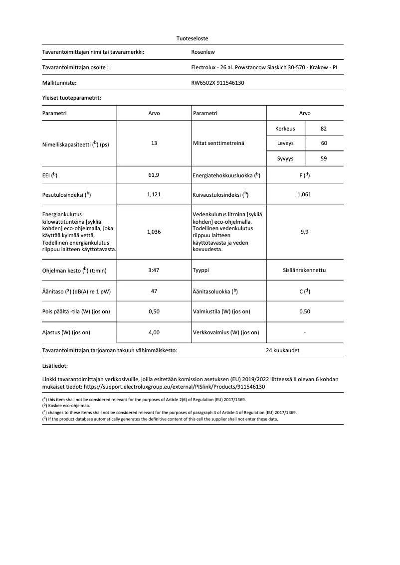 Page 1 de la notice Fiche technique Rosenlew RW6502X