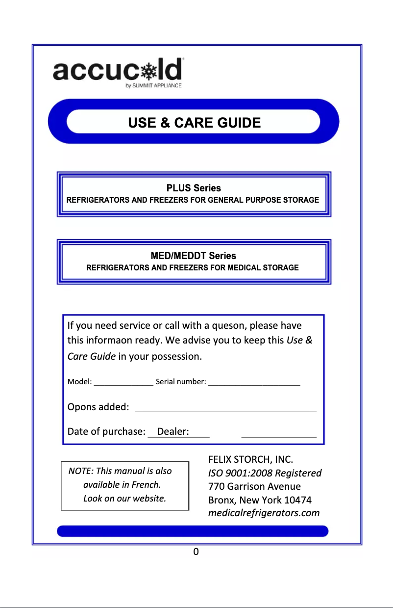 Page n°1 - Guide d'installation Summit Accucold VT65MLMED