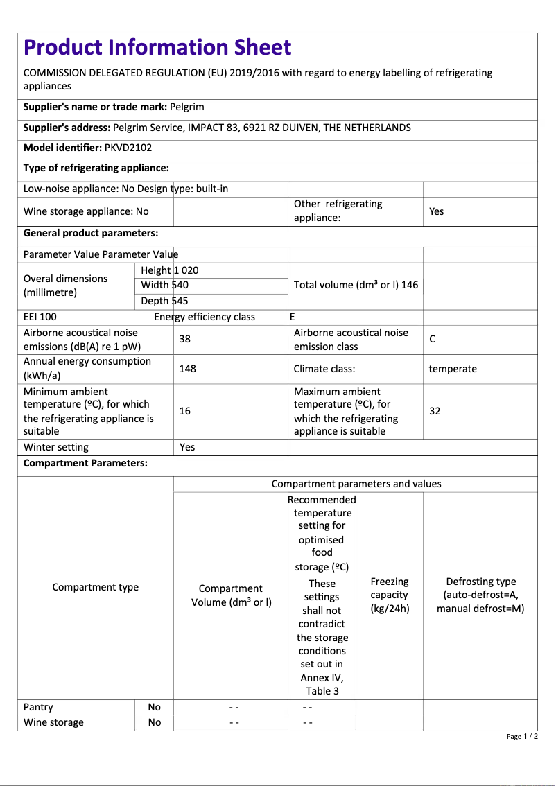 Page 1 de la notice Fiche technique Pelgrim PKVD2102