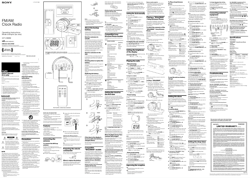 Image de la première page du manuel de l'appareil ICF-C8WM