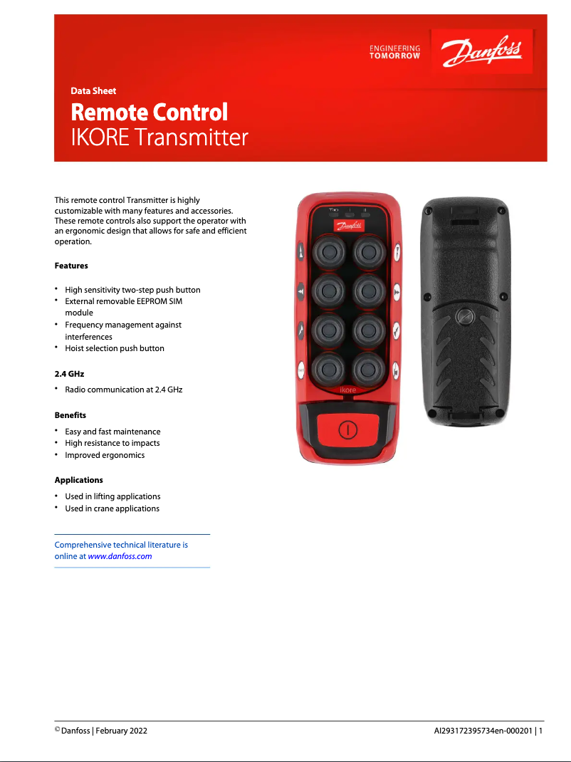Page 1 de la notice Fiche technique Danfoss Ikore