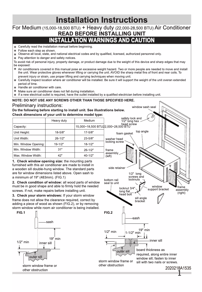 Page 1 de la notice Guide d'installation Frigidaire FHWE252WA2