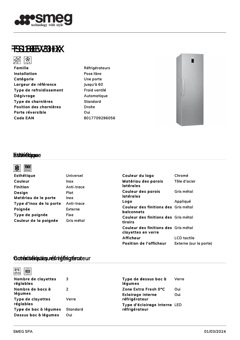 Page n°1 - Fiche technique Smeg FS18EV3HX