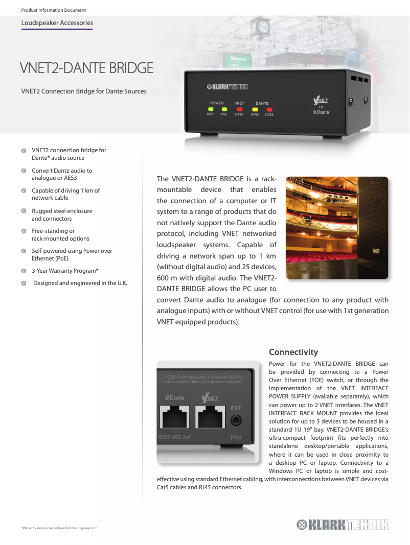 Page n°1 - Fiche technique Klark Teknik VNET2-DANTE Bridge