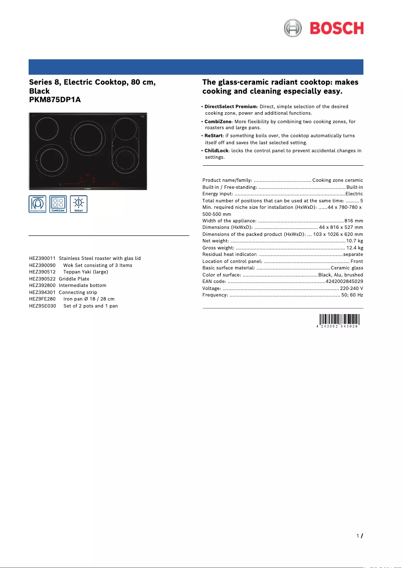 Page 1 de la notice Fiche technique Bosch PKM875DP1A