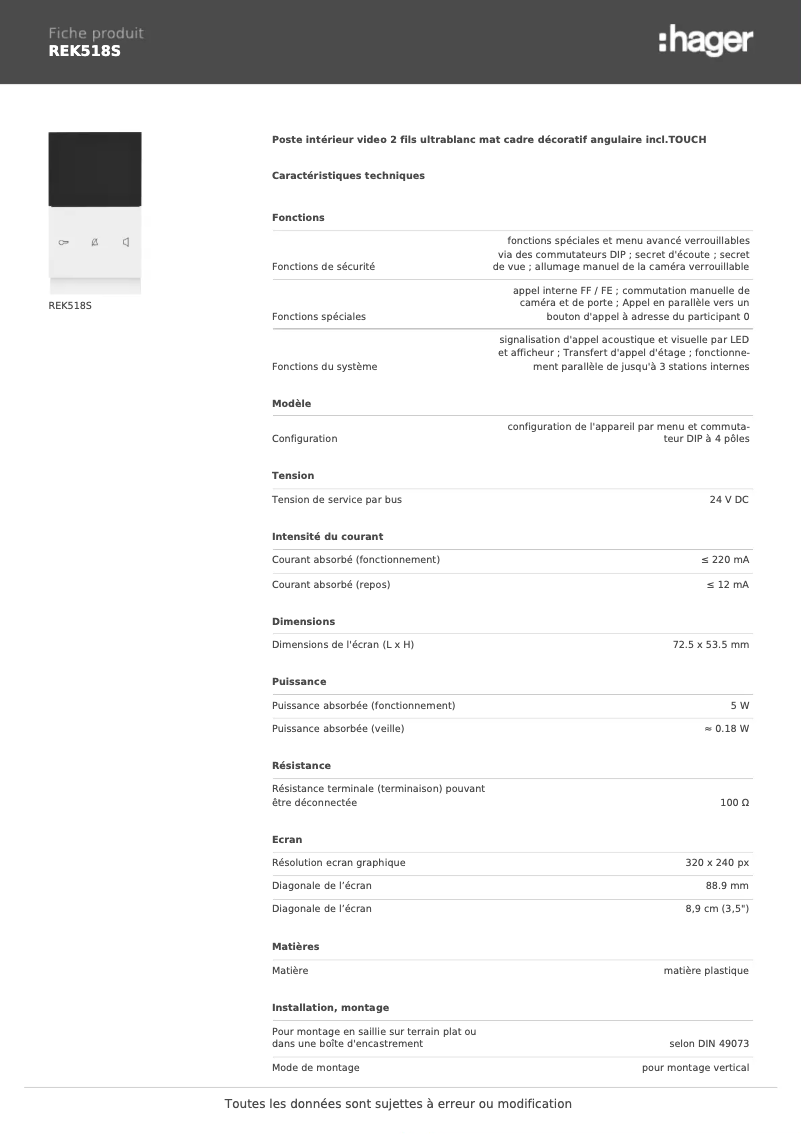 Page 1 of the manual Technical Sheet Elcom REK518S