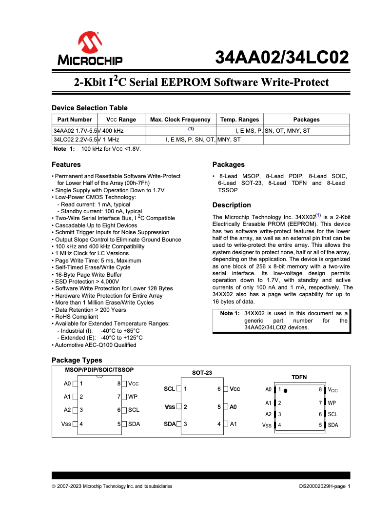 Page 1 de la notice Fiche technique Microchip 34LC02