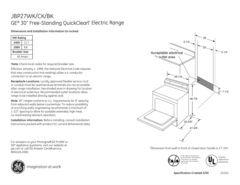 Page 1 of the manual Technical Sheet GE JBP27CKCC