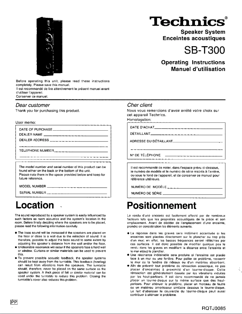 Page 1 de la notice Manuel utilisateur Technics SB-T300