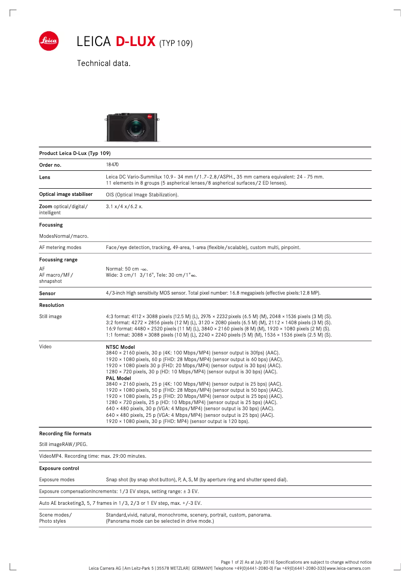 Page 1 de la notice Fiche technique Leica D-Lux