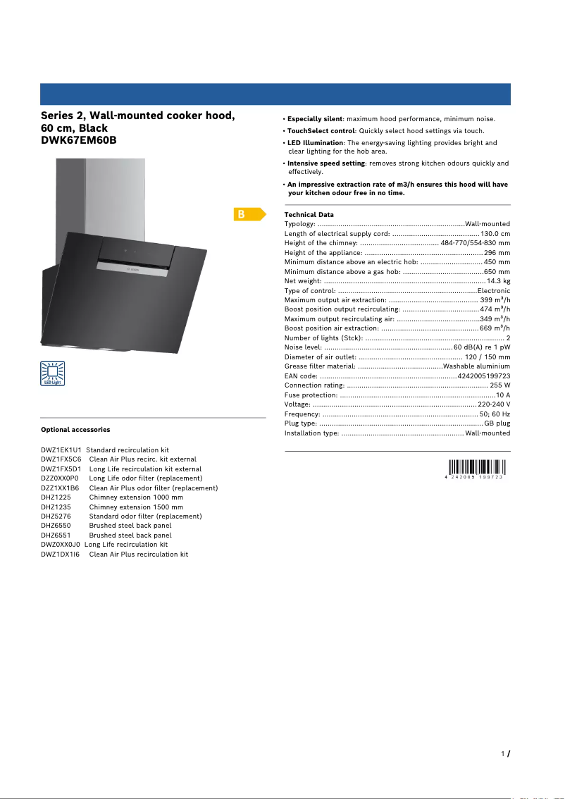 Página 1 del manual Ficha técnica Bosch DWK67EM60B