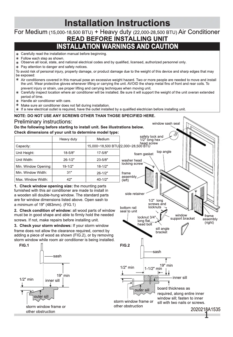 Page n°1 - Guide d'installation Frigidaire FFRH2522R2