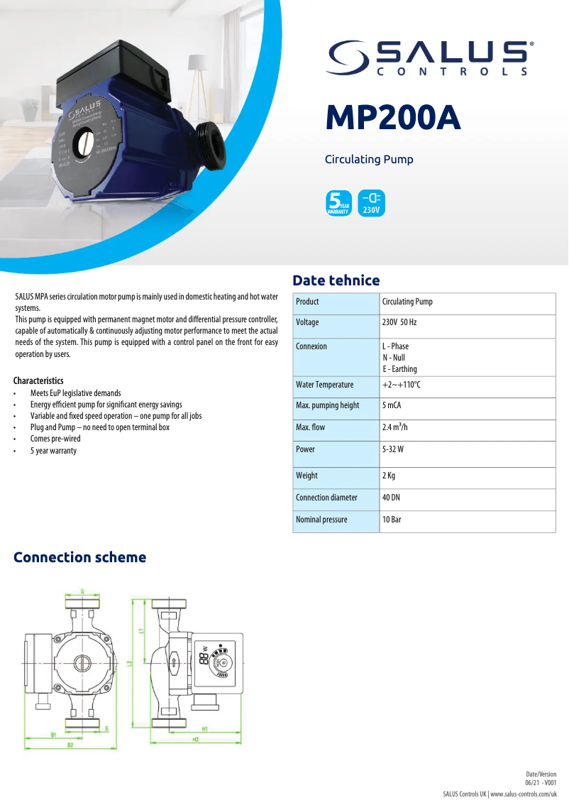Page 1 de la notice Fiche technique Salus MP200A
