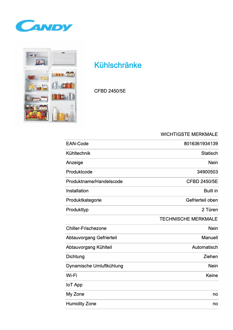 Page 1 de la notice Fiche technique Candy CFBD 2450/5E